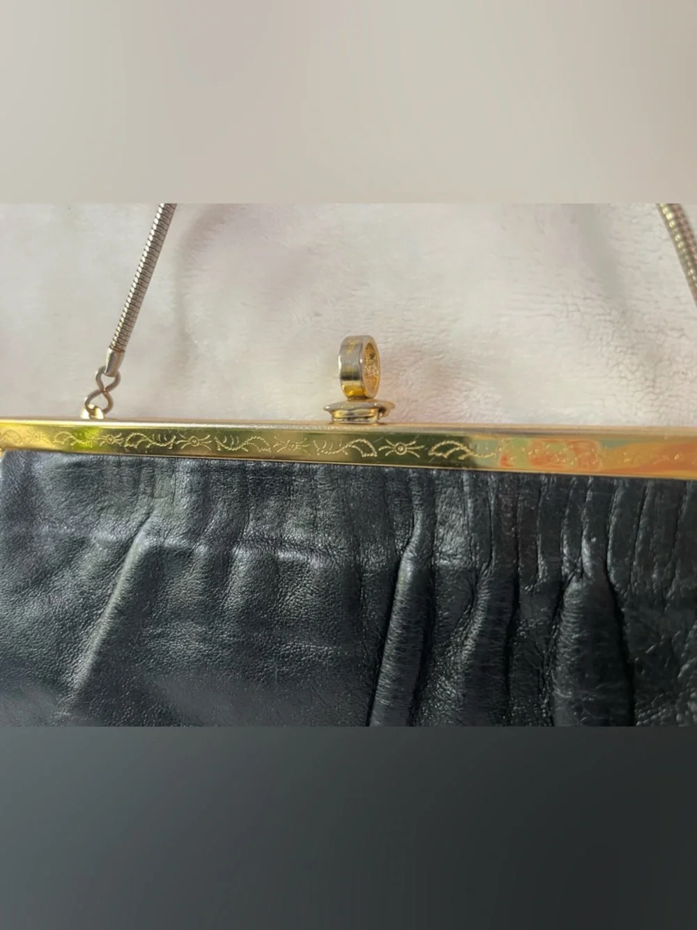 Vintage Etra Genuine leather black clutch hand bag purse gold with filigree